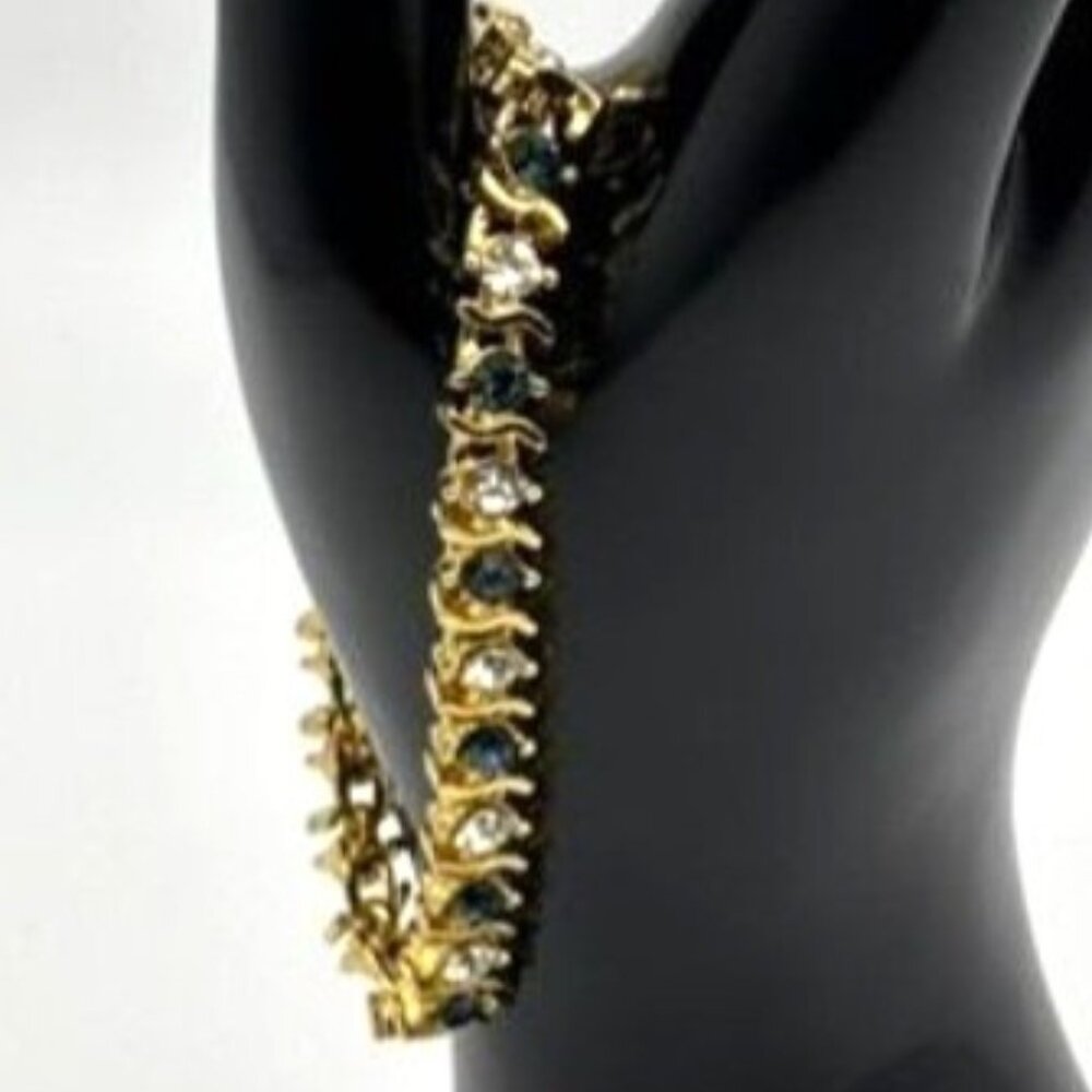 Vintage Gold Tone Metal and Faux Sapphire Faux Diamond Tennis Style Bracelet 80s - Picture 5 of 13